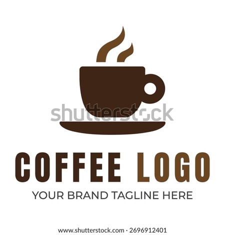Brown coffee cup with steam and text logo saucer