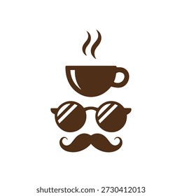 Brown coffee cup with steaming hot beverage and face icon with glasses and mustache