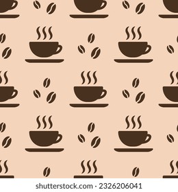 Brown coffee cups on beige background vector seamless pattern. Best for textile, cafe decor, wallpapers, wrapping paper, package and web design.