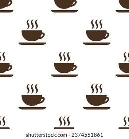 Brown coffee cups on white background. Vector seamless pattern. Best for textile, cafe decor, wallpapers, wrapping paper, package and web design.