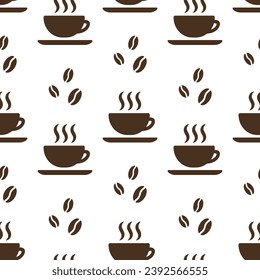Brown coffee cups on white background vector seamless pattern. Best for textile, cafe decor, wallpapers, wrapping paper, package and web design.