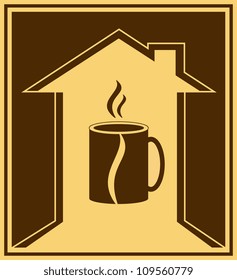 brown coffee icon with house, bean and cup