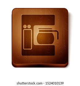 Brown Coffee machine with glass pot icon isolated on white background. Wooden square button. Vector Illustration