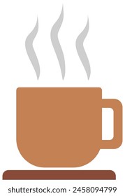 Brown coffee mug with steam in flat icon design isolated on white background.
