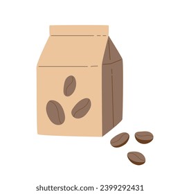 Brown coffee package and coffee beans. Modern flat vector illustration isolated on white background