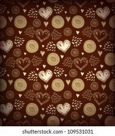 Brown coffee seamless pattern with various hearts and circles. Vector vintage background with many details for cards, gifts, arts, invitations
