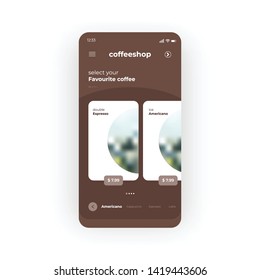 Brown coffee shop UI, UX, GUI screen for mobile apps design. Modern responsive user interface design of mobile applications including Online Coffe Store screen online buy elements