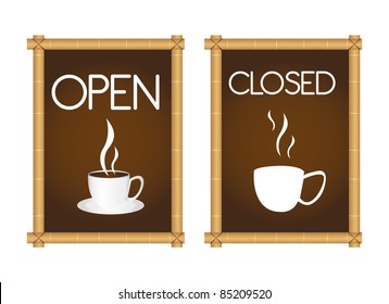 brown coffee signs with coffe cup and bamboo isolated. vector