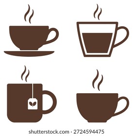 Café marrón y tazas de té con el fondo blanco del vapor