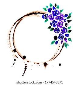 Brown coffee or tea shapes ring with drops. Purple and pink flowers watercolor frame isolated on white background. Vector illustration.