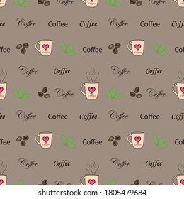 Brown coffee themed vector seamless repeat pattern background. Modern realistic style featuring coffee mugs, text, coffee beans and leaves. Created for decor, packaging and hospitality items.