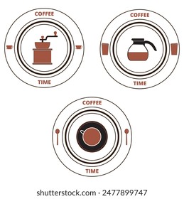 Brown coffee time round banners on a white background