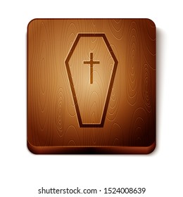 Brown Coffin with christian cross icon isolated on white background. Happy Halloween party. Wooden square button. Vector Illustration