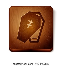 Brown Coffin with christian cross icon isolated on white background. Happy Halloween party. Wooden square button. Vector