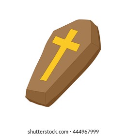 Brown coffin with cross icon in cartoon style on a white background