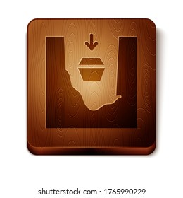 Brown Coffin in grave icon isolated on white background. Funeral ceremony. Wooden square button. Vector
