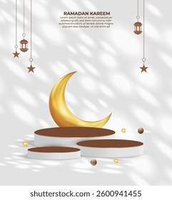 Brown color 3D Ramadan mockup design template with the moon. Realistic Ramadan Mubarak podium design with a white color background and shadow overlay. Eid Mubarak studio background design template. 