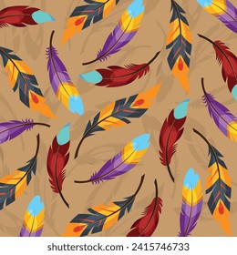 Fondo de color marrón con diferentes siluetas de plumas de color