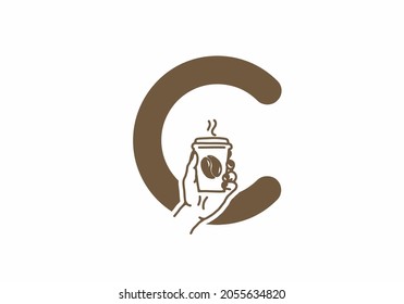 Brown color of C initial letter with line art coffee cup design