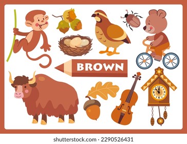 Brown color cartoon illustration for learning colors. Cute brown objects set for kids: monkey, nut, acorn, yak, bear, bicycle, nest, beetle, bird, quail, violin, wooden clock.