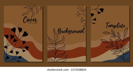 brown color cover template set. aesthetic style abstract background design with hand drawn floral elements. for presentations, brochures, catalogs