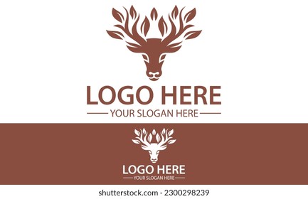 Brown Color Deer Head with Nature Leaf Logo Design