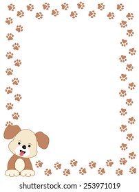 Brown Color Dog Paw Print Border / Frame With A Cute Dog In Left Bottom Corner