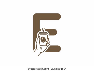 Brown color of E initial letter with line art coffee cup design