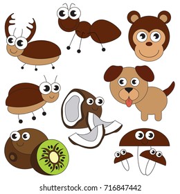 Brown Color elements set, collection of coloring book template, the group of outline digital elements vector illustration, kid educational game page.