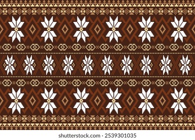 Brown color geometric traditional ethnic pixel art pattern background.Ikat seamless pattern abstract design for fabric print cloth dress carpet curtains and sarong.fabric,batik,Knitwear,Embroidery