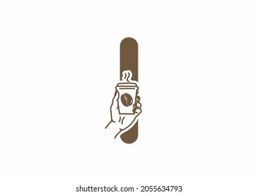 Brown color of I initial letter with line art coffee cup design