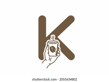 Brown color of K initial letter with line art coffee cup design