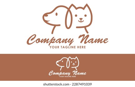 Brown Color Line Art Cartoon Cat and Dog Head Logo Design