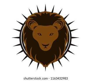 brown color lion head silhouette logo design illustration with line art style for premium team sport