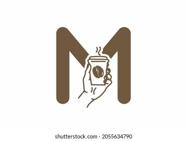 Color marrón de la letra inicial de M con diseño de taza de café de arte de línea