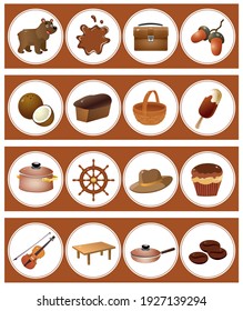 Brown color. Matching game, education game for children. Puzzle for kids. Match by color. Worksheet for preschoolers.