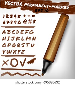 Brown color open permanent marker pen, handwritten digits set, numerals, figure and alphabet check sign, plus, line.Vector felt-pen illustration 
