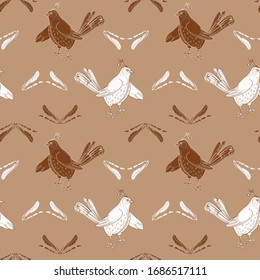 Brown color of pattern with birds, vector drawing, style drawing for textile