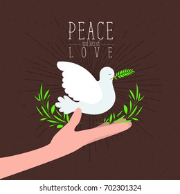 brown color poster with sparks and hand holding a pigeon with olive branch in peak with decorative half crown of leaves and text peace a lots of love with linear brightness vector illustration