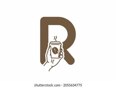 Brown color of R initial letter with line art coffee cup design