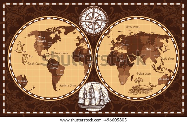 Brown color retro nautical map with names of continents and oceans flat vector illustration.