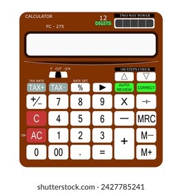 A brown color standard calculator isolated on a white background. It is designed for basic arithmetic operations such as addition, subtraction, multiplication, and division.