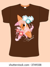 brown color t-shirt design with surfboard and flowers
