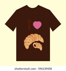 Brown color T-shirt with image of croissant saying I love croissant for the bakery stuff