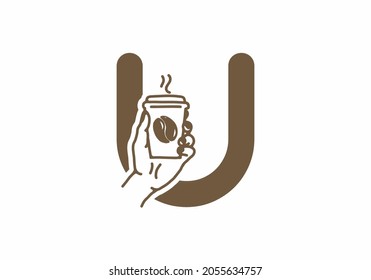 Brown color of U initial letter with line art coffee cup design