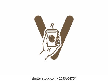Brown color of V initial letter with line art coffee cup design