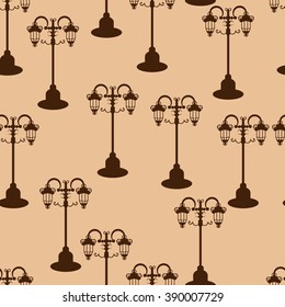 Brown color vector graphic illustration of old style street lights with two lamps at top of tall post on beige seamless background