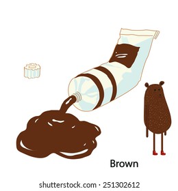 Brown color. Vector illustration of paint tube and cute bear. 