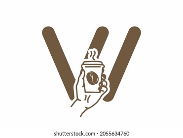 Brown color of W initial letter with line art coffee cup design