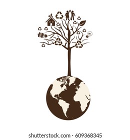 brown color world with tree of recycling vector illustration